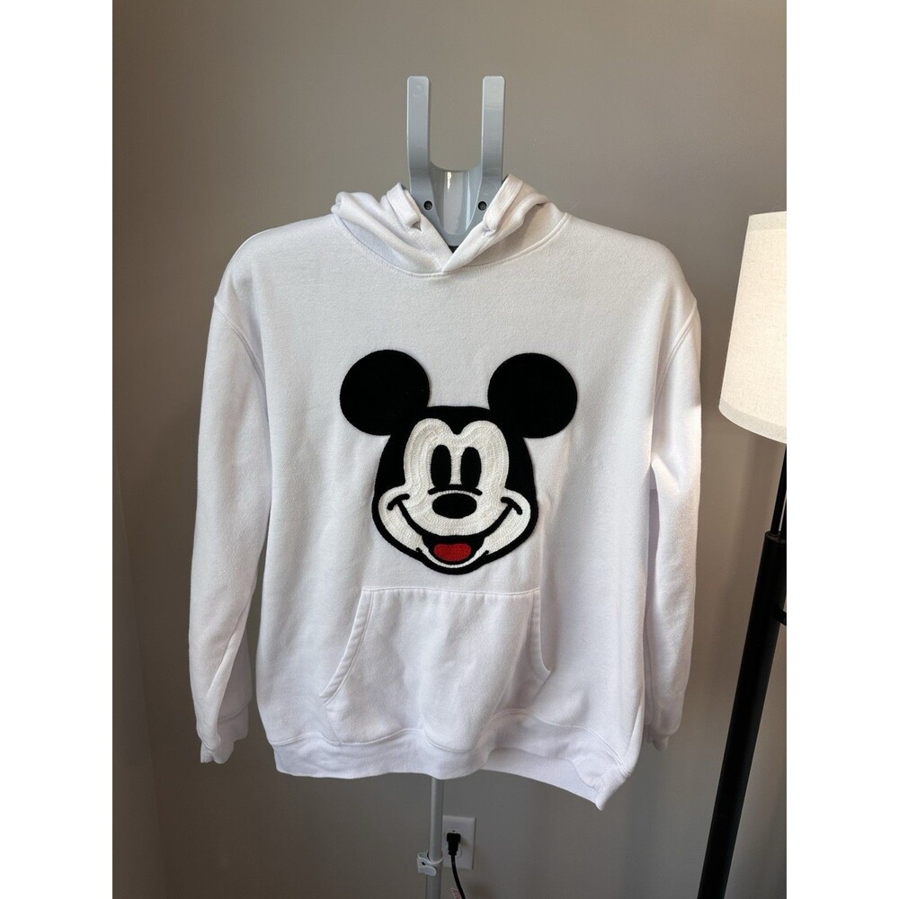 Disney Mickey Mouse White Hoodie Sweatshirt Knit Crochet Patch Applique XL